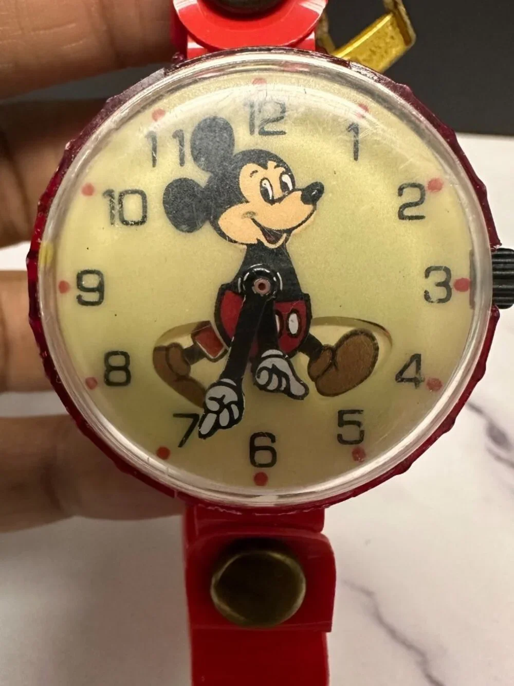 Vintage Mickey Mouse Wind Up Watch Kids Red Plastic Marx Toys 1970s Working 7.5